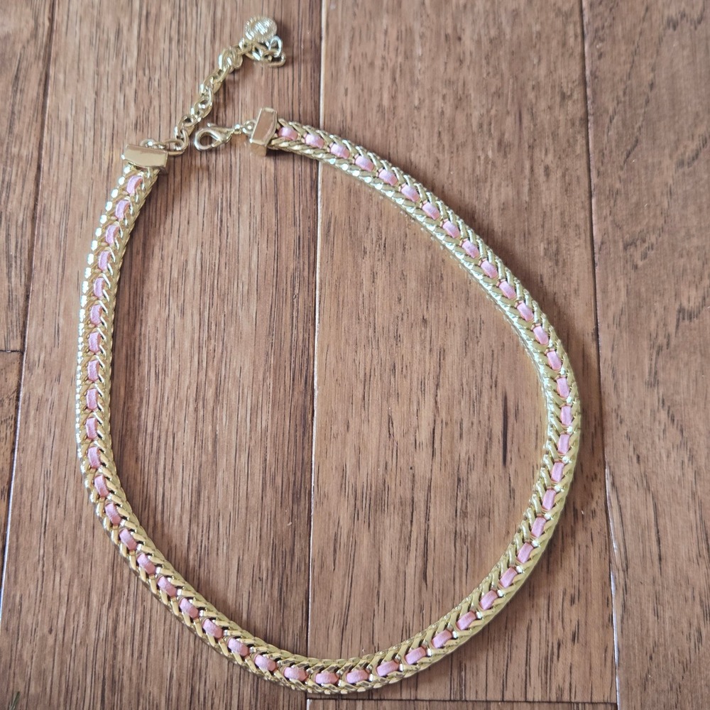 RJ Graziano Gold Tone Woven Pink Suede Chain Necklace Choker Extender 21.5in